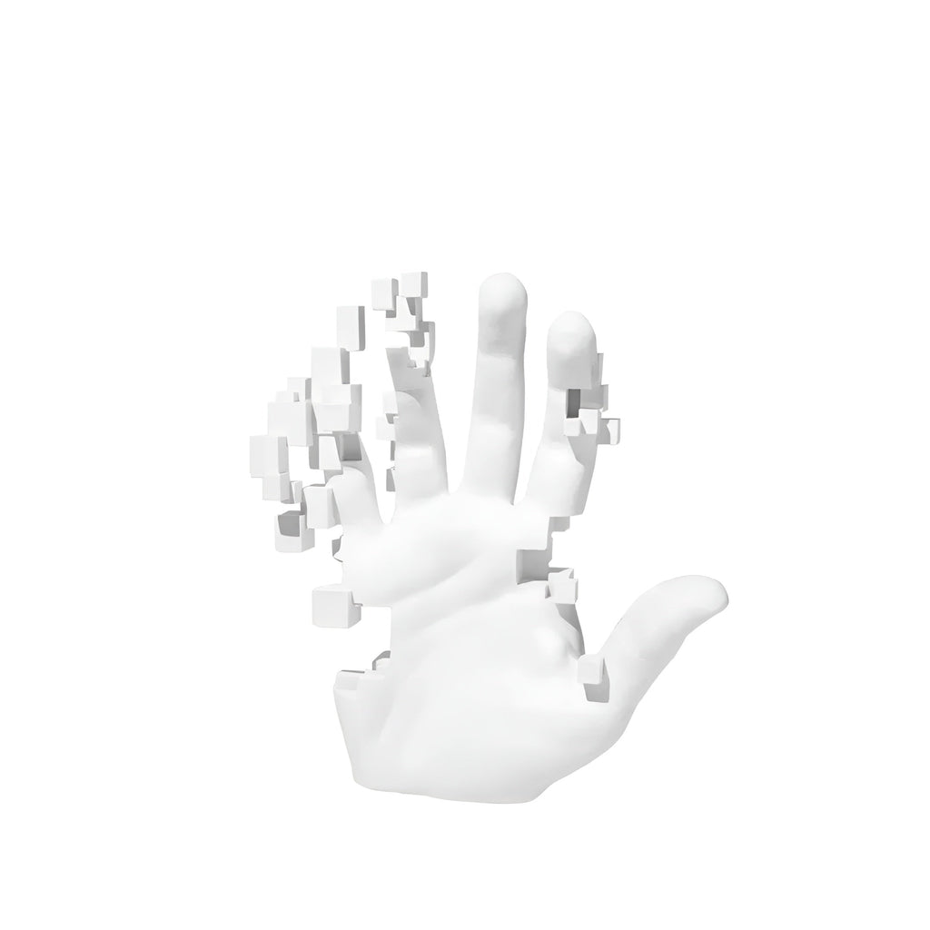 GlitchPalm – Moderne Harz-Skulptur einer abstrakten Hand in Mosaik-Optik