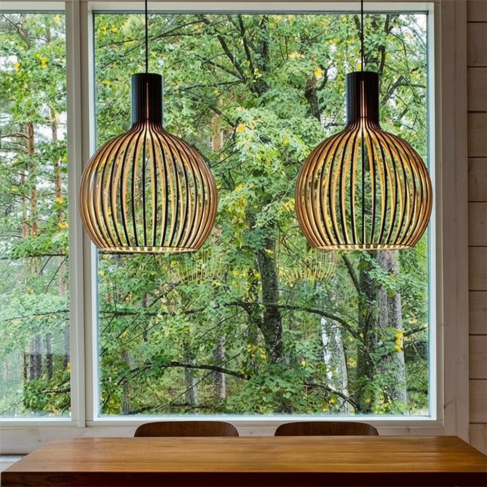 Retro Vogelkäfig Pendelleuchte aus Holz